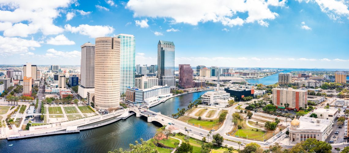 Aerial panorama of Tampa, Florida skyline. Tampa is a city on the Gulf Coast of the U.S. state of Florida.