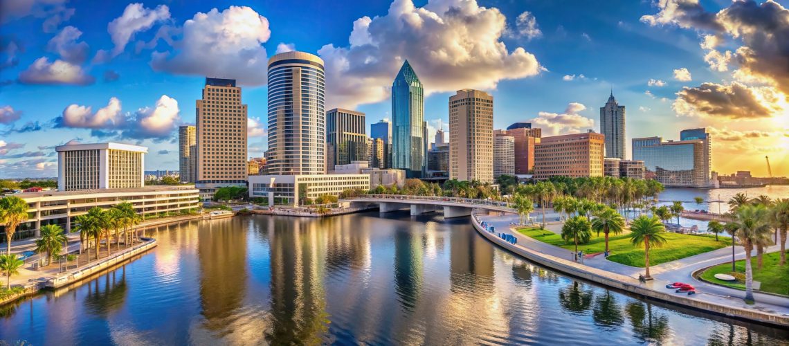 Panoramic skyline view of downtown Tampa, Florida with Hillsborough Bay and Riverwalk , Tampa, Florida, downtown, skyline, panoramic, Hillsborough Bay, Riverwalk, cityscape, urban