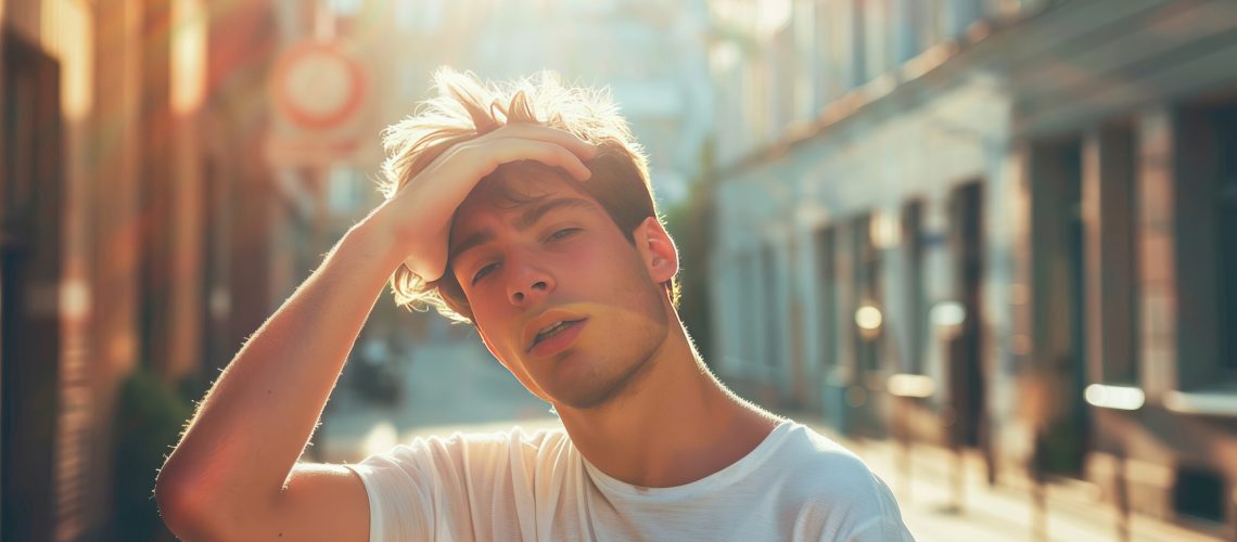 Young man suffering from extremely high temperature, heat stroke and dehydration on a street of a city. Heat waves, global warming and climate change concept