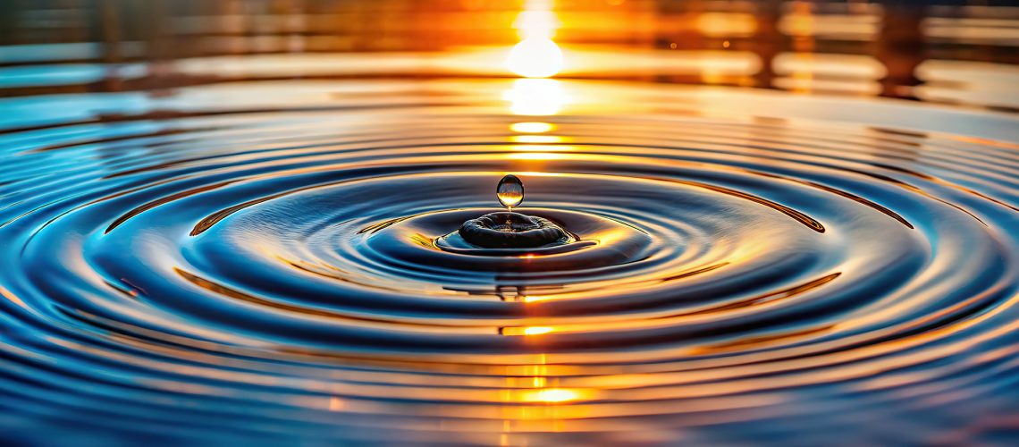 A delicate dance of water ripples unfold on a reflective surface, captured with stunning sharpness and accurate color, evoking a sense of serenity and calm.